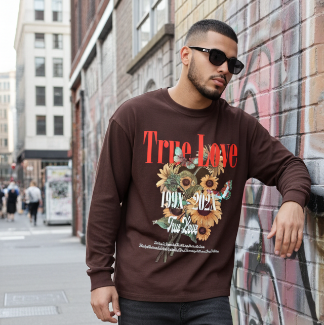 Men's brown long sleeve T-shirt with sunflower graphic design by Rex Distributor, Inc.