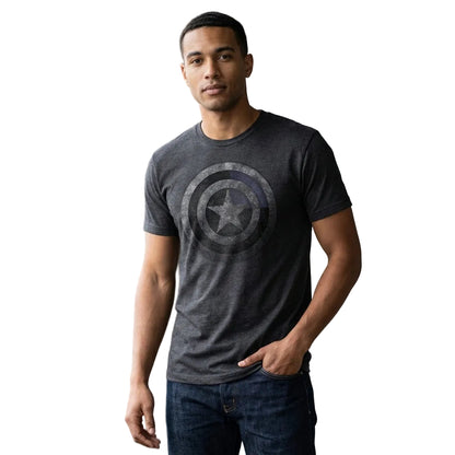 Marvel Captain America logo graphic T-shirt by Mad Engine, charcoal heather short sleeve shirt with Captain America emblem design.