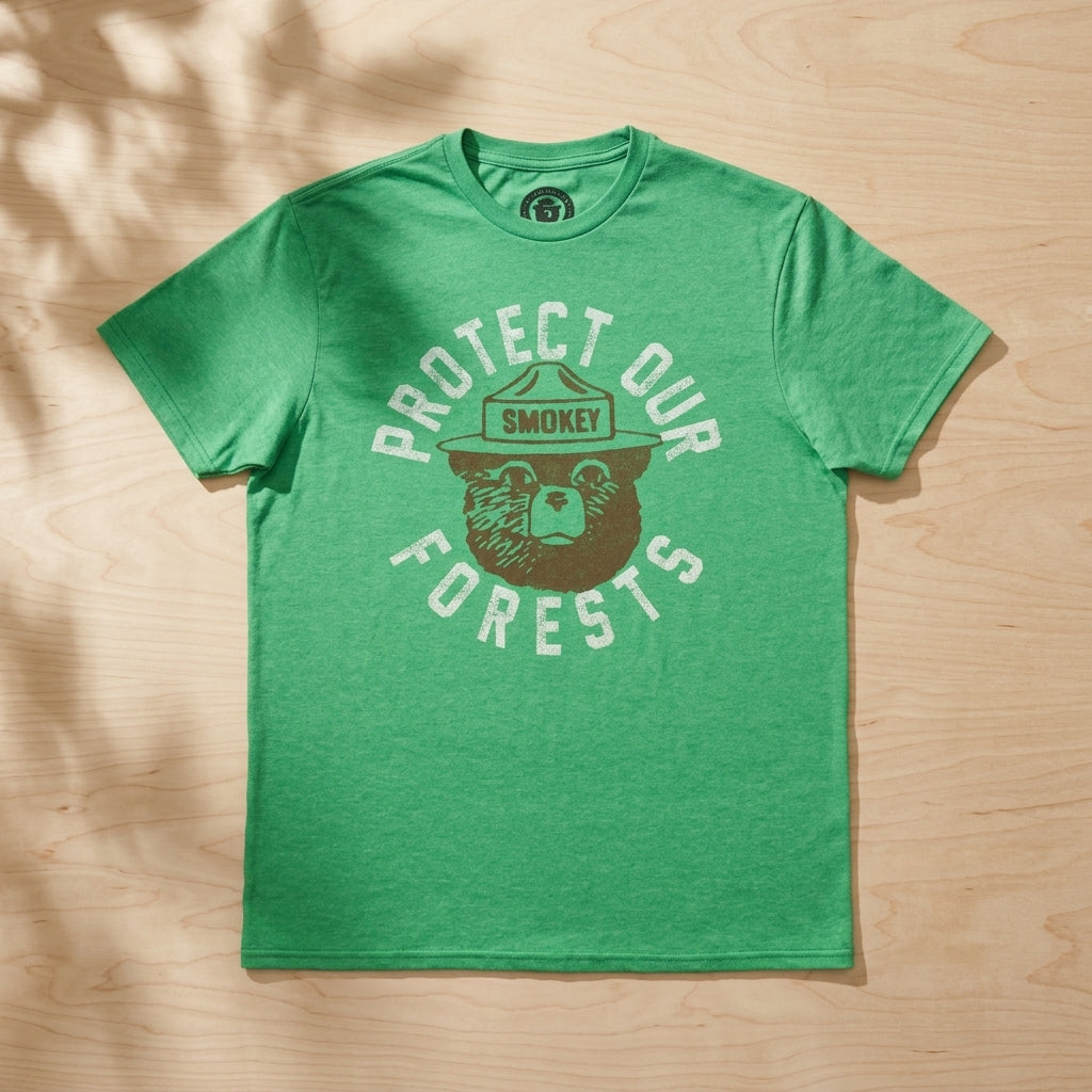 Men's Smokey the Bear "Protect Our Forests" graphic T-shirt by Mad Engine, featuring Smokey Bear illustration on short sleeve cotton shirt.