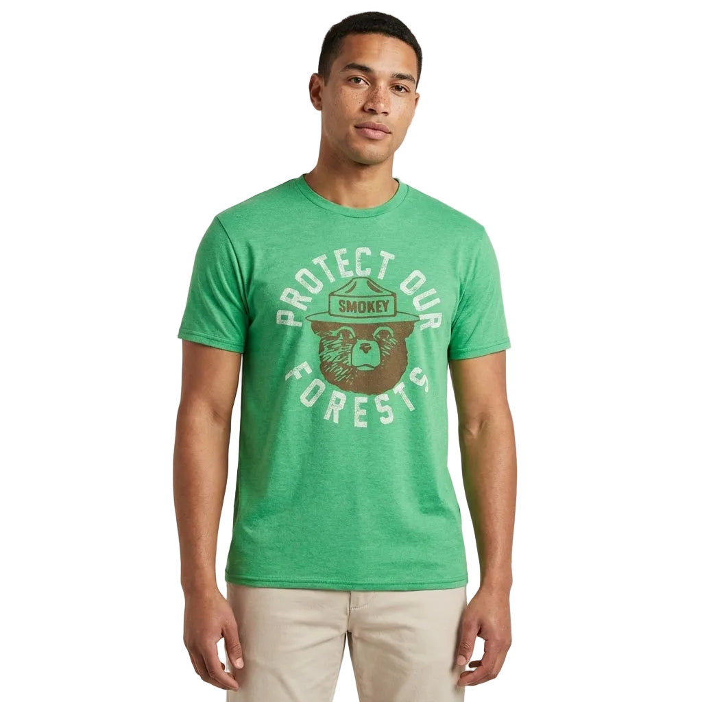 Men's Smokey the Bear "Protect Our Forests" graphic T-shirt by Mad Engine, featuring Smokey and forest scene on short sleeve shirt.