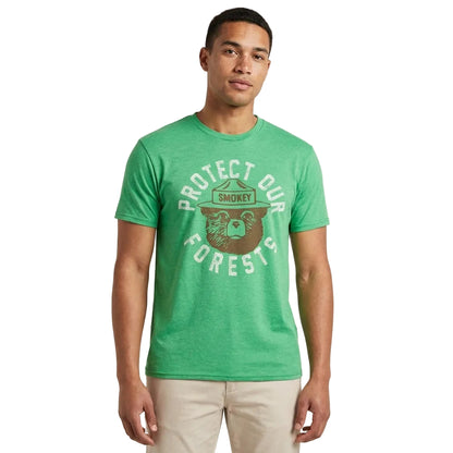 Men's Smokey the Bear "Protect Our Forests" graphic T-shirt by Mad Engine, featuring Smokey and forest scene on short sleeve shirt.