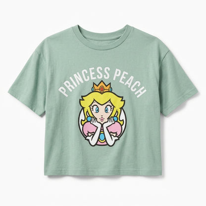 Light green princess peach graphic t-shirt for women by Mad Engine, featuring Super Mario design on a casual shirt.