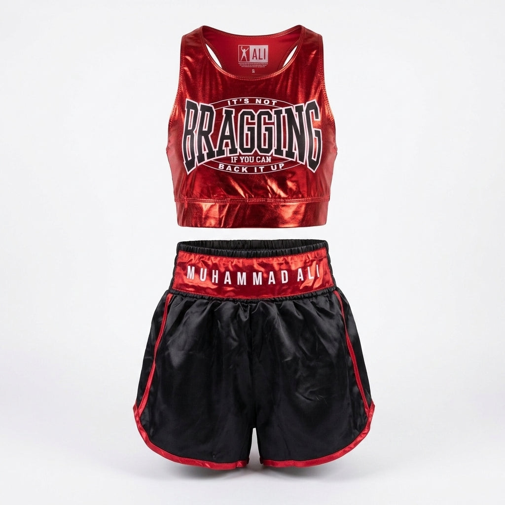 Women junior's Muhammad Ali boxing costume with red tank top and shorts by Rex Distributor, Inc., shown in a photoshoot image.