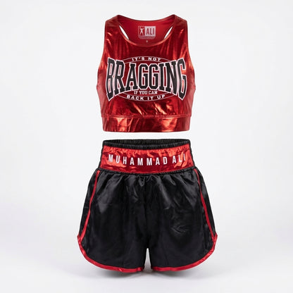 Women junior's Muhammad Ali boxing costume with red tank top and shorts by Rex Distributor, Inc., shown in a photoshoot image.