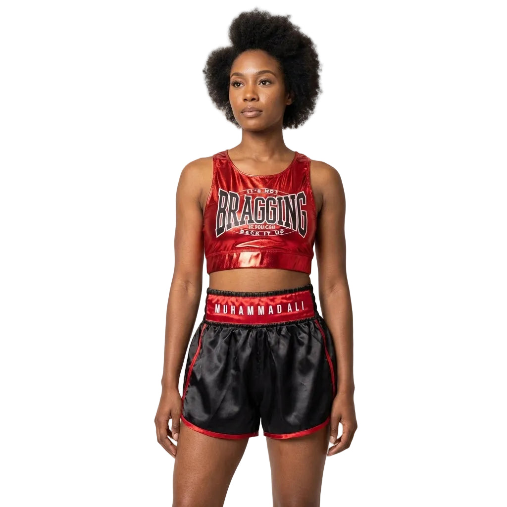 Red tank top and shorts set for women junior Muhammad Ali boxing costume by Rex Distributor, Inc., with boxing-themed design.