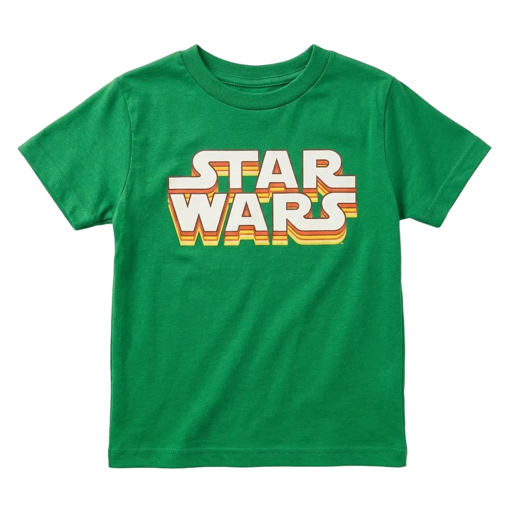 Toddler Star Wars retro logo green T-shirt featuring a classic Star Wars design on a soft cotton shirt.