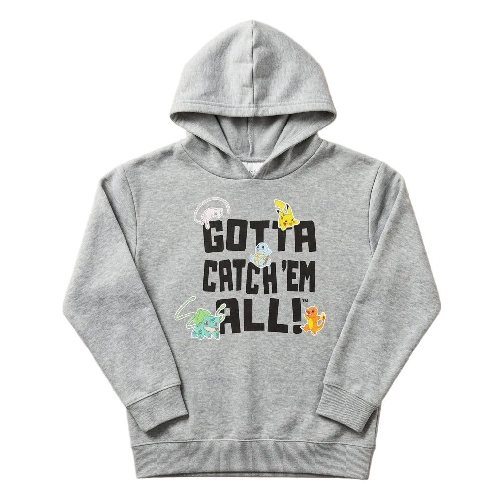 Boy's grey Heather Pokemon Gotta Catch 'em All hoodie pullover with Pokémon logo and design, featuring a cozy knit fabric.
