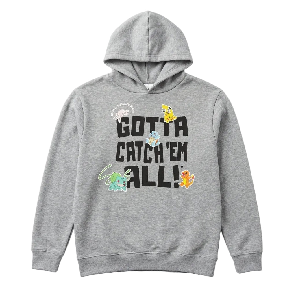 Boy's grey Heather Pokemon Gotta Catch 'em All hoodie pullover with Pokémon logo and design, made by Rex Distributor, Inc.