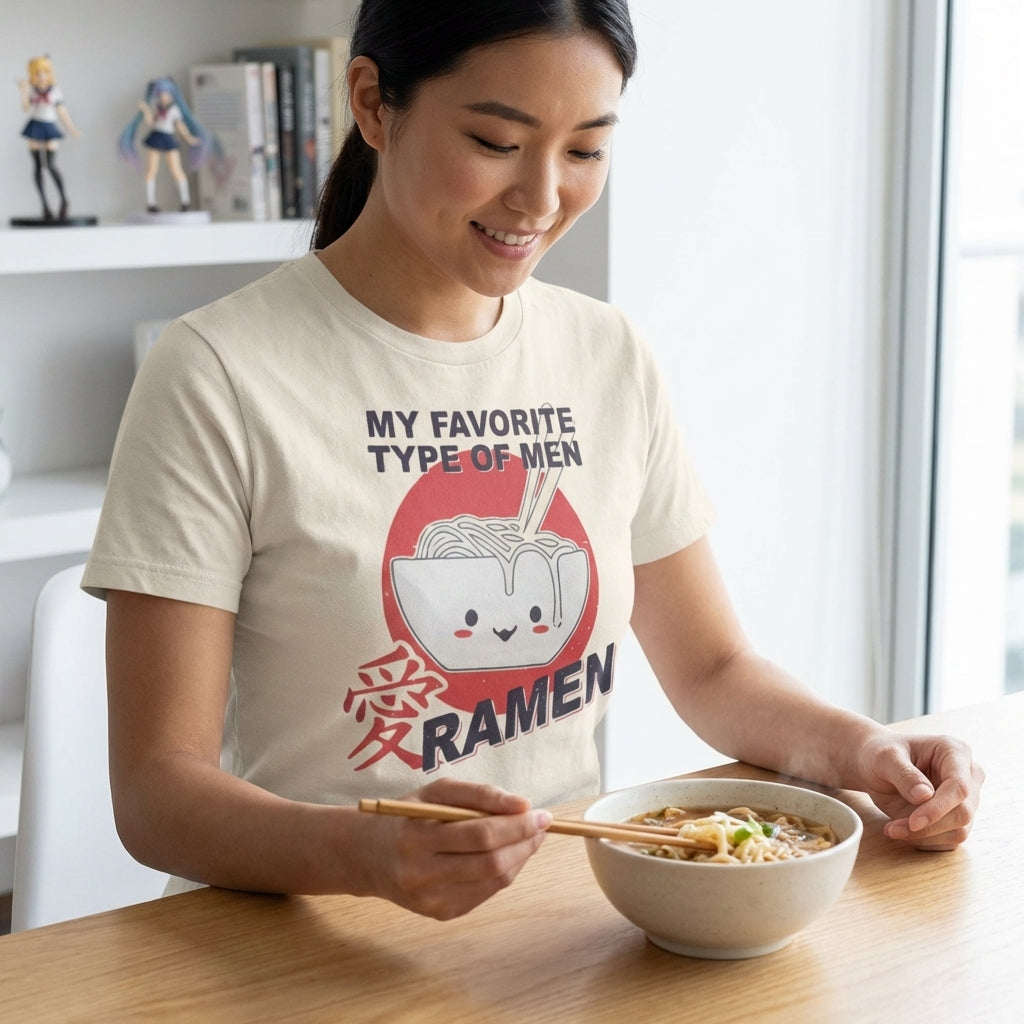 Women’s distressed graphic T-shirt featuring ramen design from Mighty Fine, casual style shirt for juniors.