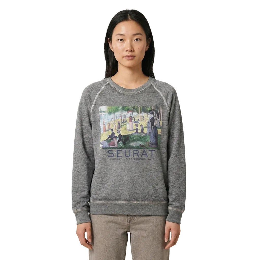 Women's grey Heather Georges Seurat A Sunday on La Grande Jatte raglan sweater by Rex Distributor, Inc. with artistic print detail.
