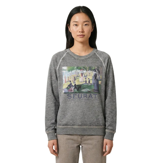 Women's grey heather Georges Seurat A Sunday on La Grande Jatte raglan sweater by Rex Distributor, Inc., featuring artistic print and cozy knit.