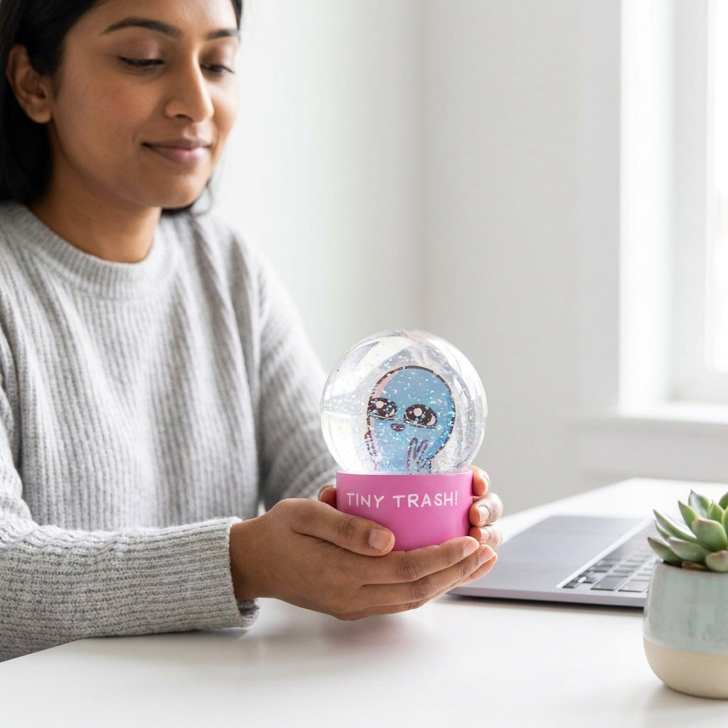 Strange Planet Tiny Trash snow globe collectible accessory by Rex Distributor, Inc., featuring whimsical design and miniature scene.