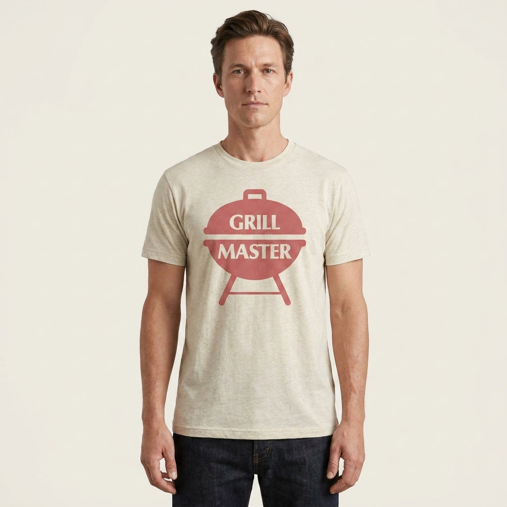 Men's Grill Master graphic T-shirt by Mad Engine featuring retro BBQ design in Heather Grey. Casual men's shirt for grilling enthusiasts.