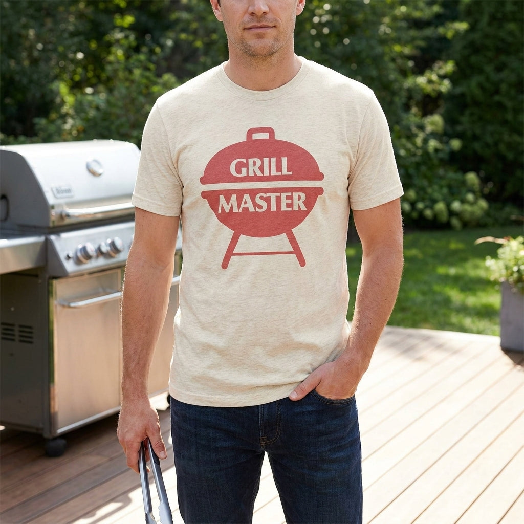 Men's Grill Master graphic T-shirt by Mad Engine in Heather Grey featuring retro BBQ design, perfect for Father's Day.