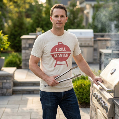 Men's Heather Grey Grill Master graphic T-shirt by Mad Engine featuring retro BBQ design, perfect for Father's Day celebrations.