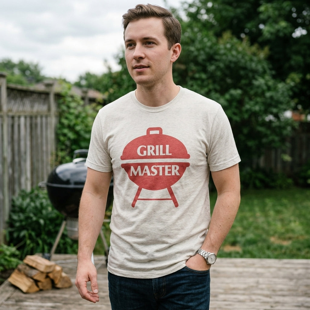 Men's Grill Master graphic T-shirt by Mad Engine in Heather Grey, featuring retro BBQ design and Father's Day theme.