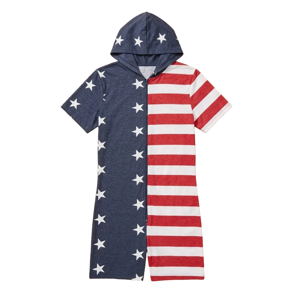 A short-sleeve hooded dress with a split American flag design, featuring white stars on a navy blue left side and red and white stripes on the right side, laid flat on a light wood background.
