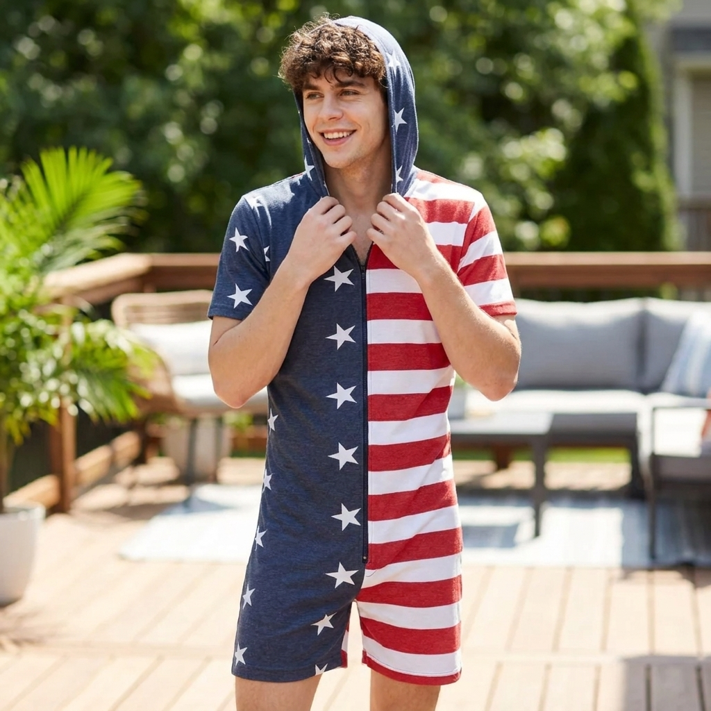 Men's USA Flag Americana Romper One Piece Pajama