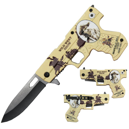 Rex Distributor 4.5-inch Buffalo Bill Cody tactical folding knife with pistol handle, assist-open mechanism and belt clip.