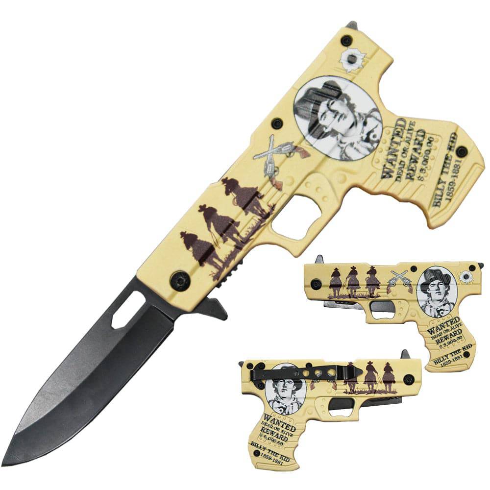PT 1690-BK 4.5" Billy The Kid Pistol Handle Assist-Open Folding Knife with Belt Clip - Rex Distributor, Inc. Wholesale Licensed Products and T-shirts, Sporting goods,
