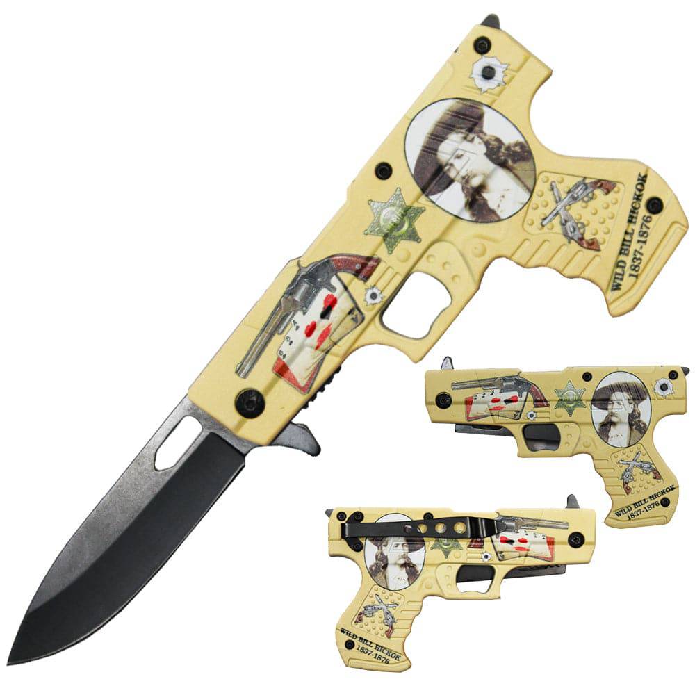 Rex Distributor PT 1690-WB Wild Bill Hickok 4.5-inch spring-assisted tactical folding knife with pistol handle and belt clip.