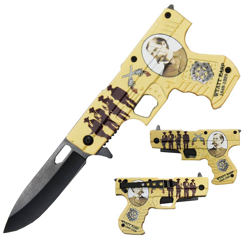 PT 1690-WE 4.5" Wyatt Earp Pistol Handle Assist-Open Folding Knife with Belt Clip - Rex Distributor, Inc. Wholesale Licensed Products and T-shirts, Sporting goods,