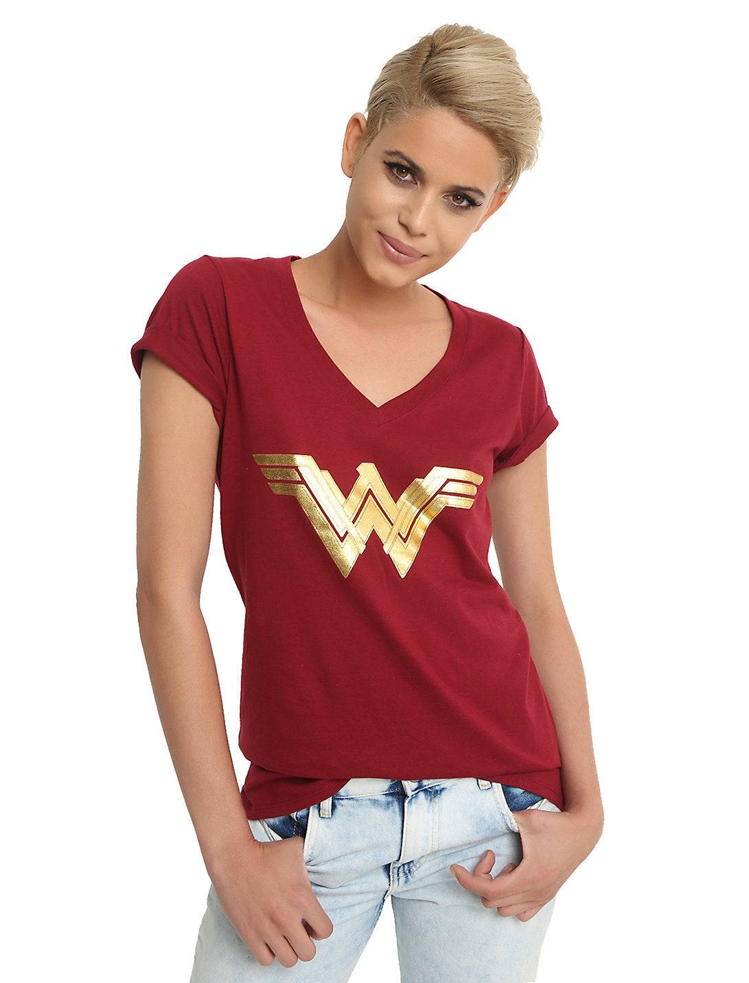 Women Junior's Burgundy DC Comics Wonder Woman Gold Foil Logo T-Shirt Tee - Rex Distributor, Inc. Wholesale Licensed Products and T-shirts, Sporting goods,