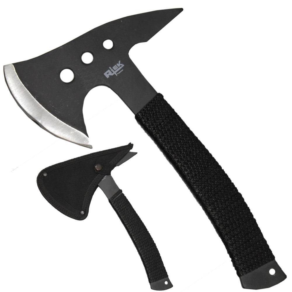 Rtek RT 0041-10BK 10-inch cord-wrapped throwing axe with sheath, designed for outdoor and recreational use.