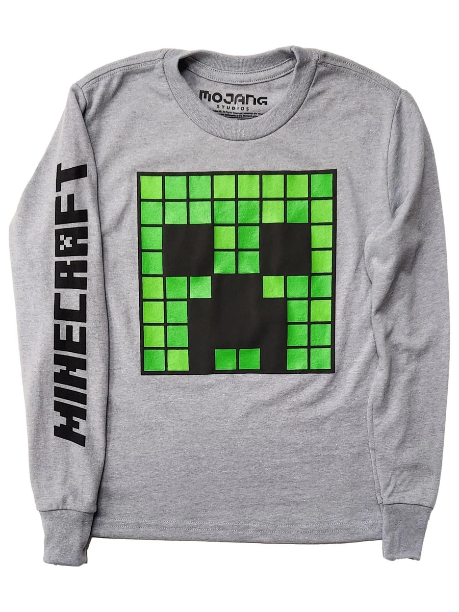 Boys grey Minecraft Creeper long sleeve graphic T-shirt by Bioworld, featuring a Creeper design on the front.