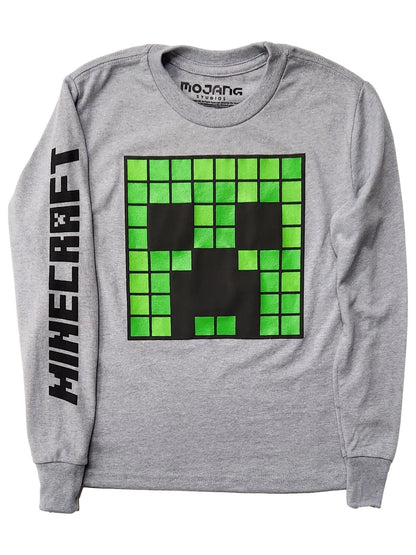 Boys grey Minecraft Creeper long sleeve graphic T-shirt by Bioworld, featuring a Creeper design on the front.