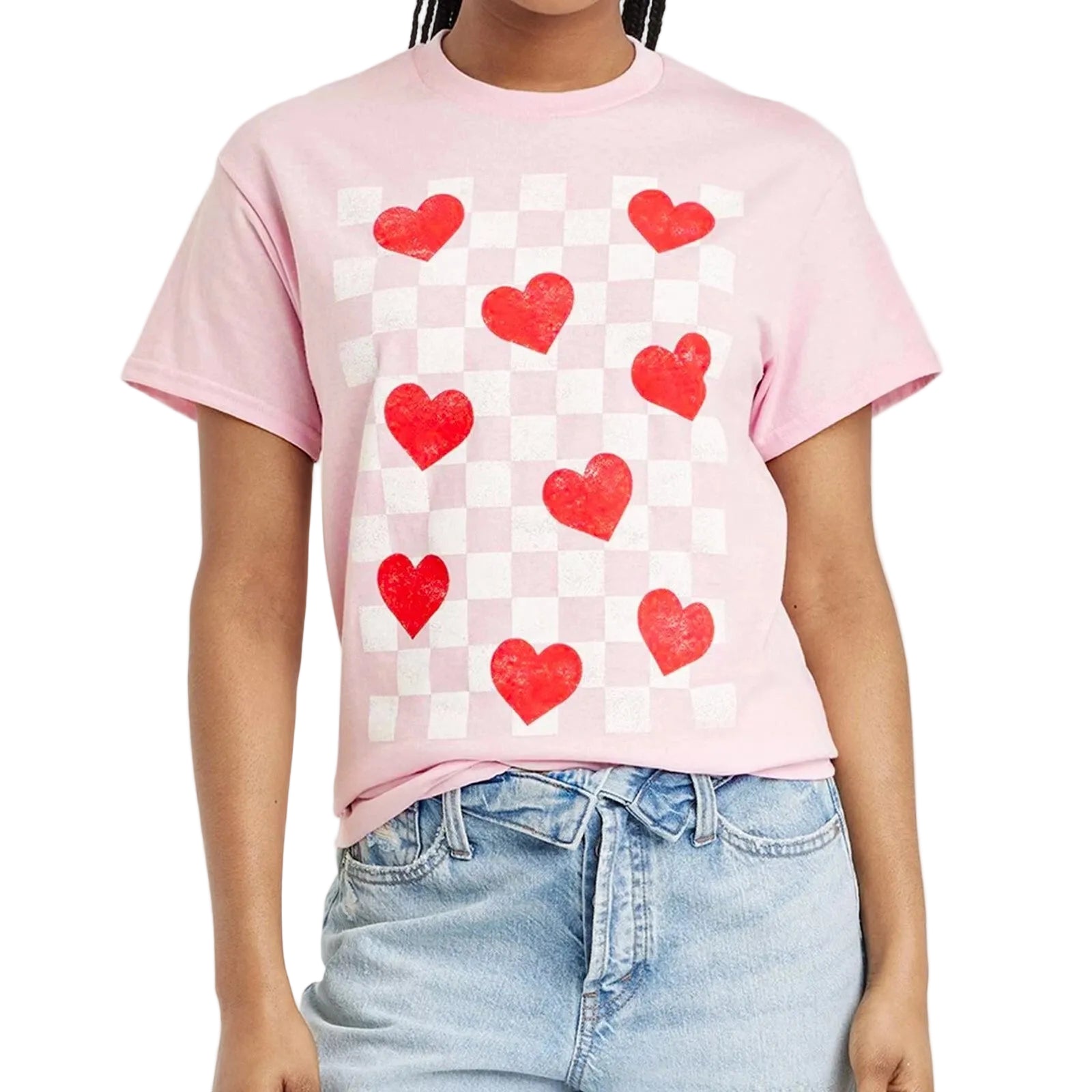 Women's Mighty Fine Valentine's Day Hearts Check Tee shirt with red and pink checkered heart pattern on a casual T-shirt.