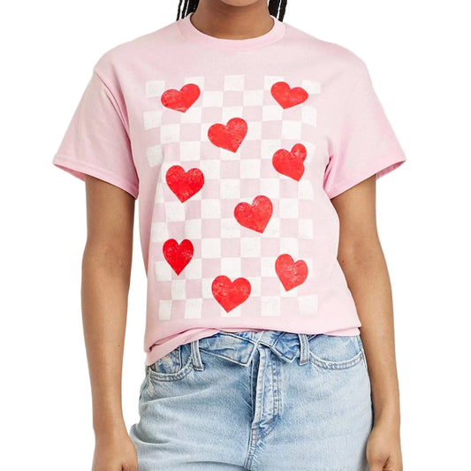 Women's Mighty Fine Valentine's Day Hearts Check Tee shirt with red and pink checkered heart pattern on a casual T-shirt.