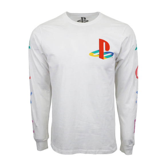 Men's White Play Station Long Sleeve Logo Button Print Tee T-Shirt