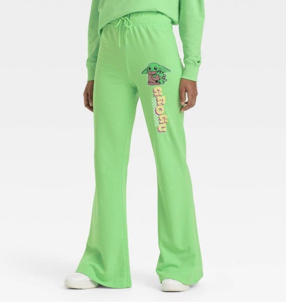 Women Junior's Neon Green Star Wars Baby Yoda Grogu Flair Leg Lounge Pants