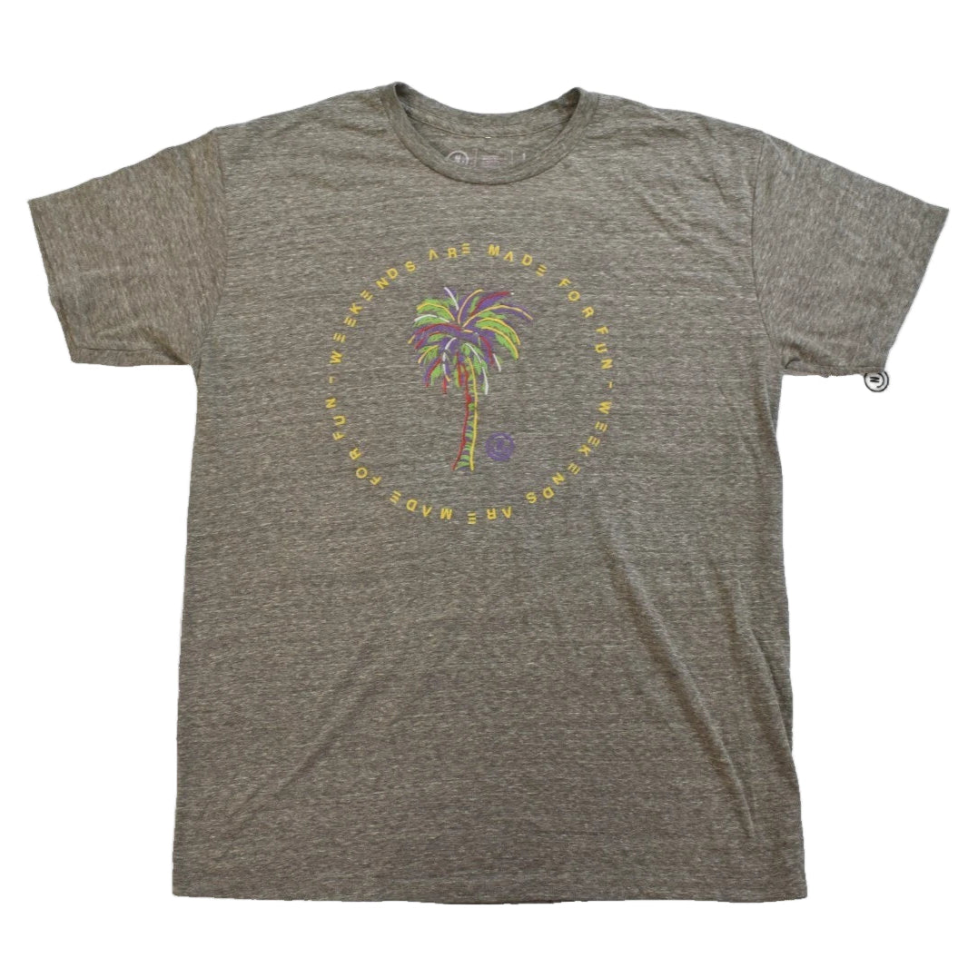 Gray t-shirt with palm tree graphic on a white background