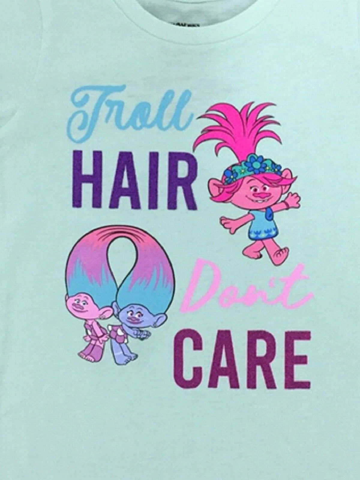 Girls Trolls Mint Troll Hair Don't Care Short Sleeve Tee T-Shirt