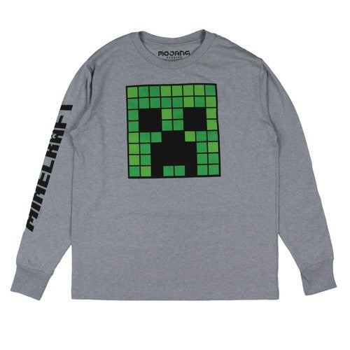 Boys' grey Minecraft Creeper long sleeve graphic T-shirt by Bioworld featuring a Creeper face design on the front.