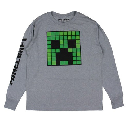 Boys' grey Minecraft Creeper long sleeve graphic T-shirt by Bioworld featuring a Creeper face design on the front.