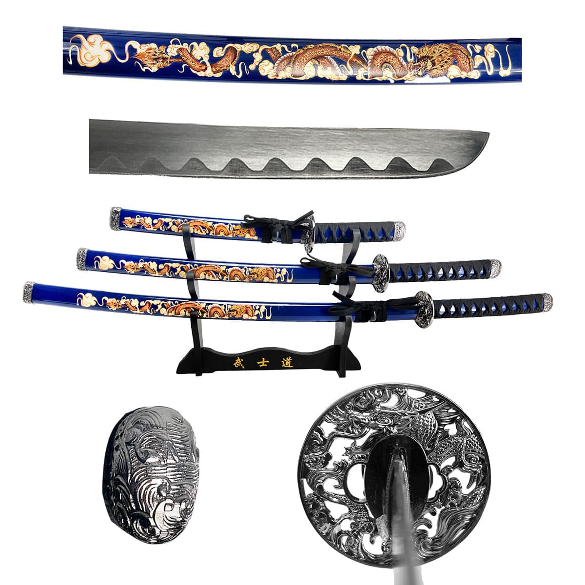 Traditional three-tier Japanese Samurai Katana set by Rex Distributor, Inc., with blue and black handles and detailed blade designs.