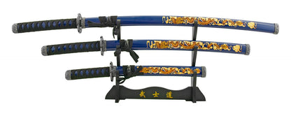 SWSA 124-BLDG Traditional Three Tier Japanese Samurai Katana Set - Blue and Black