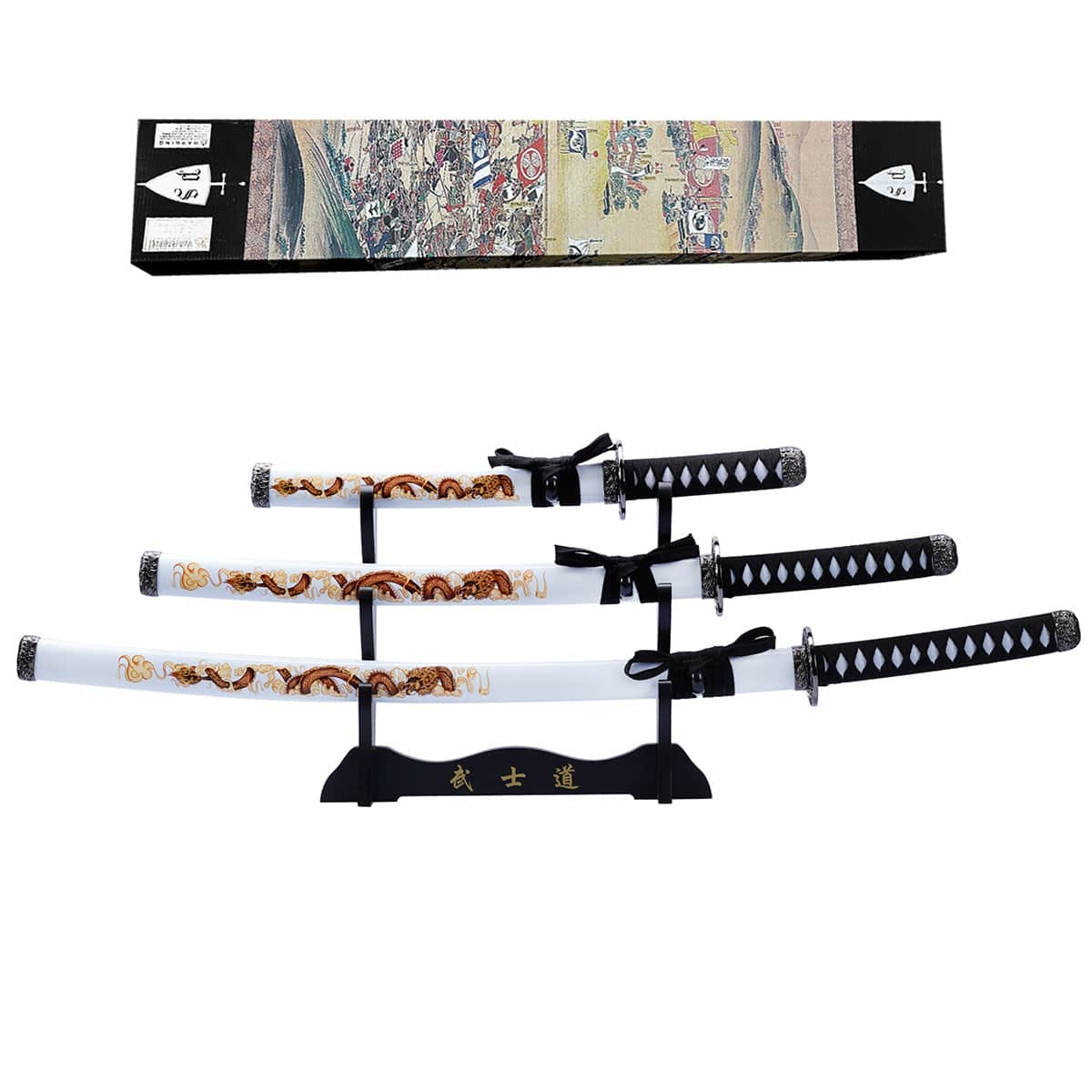 Traditional three-tier Japanese Samurai katana set by Rex Distributor, Inc., featuring white dragon design and polished blades.