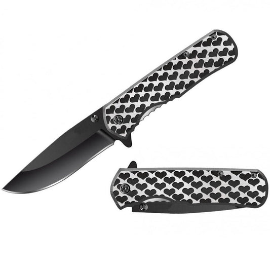 Black Hearts Rex Distributor 4.25-inch spring assisted tactical folding knife, open blade with black handle, compact and durable.