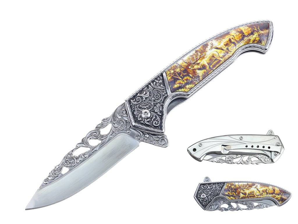 Rex Distributor 5-inch Deer Etched Design Spring Assisted Folding Tactical Knife shown open with detailed deer engraving.