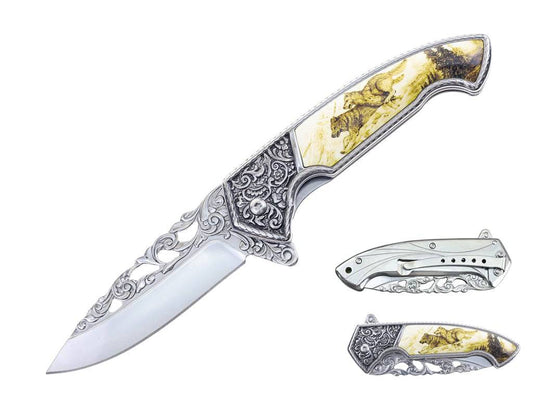 T 27801-WF  5" Wolf Etched Design Assist-Open Folding Knife