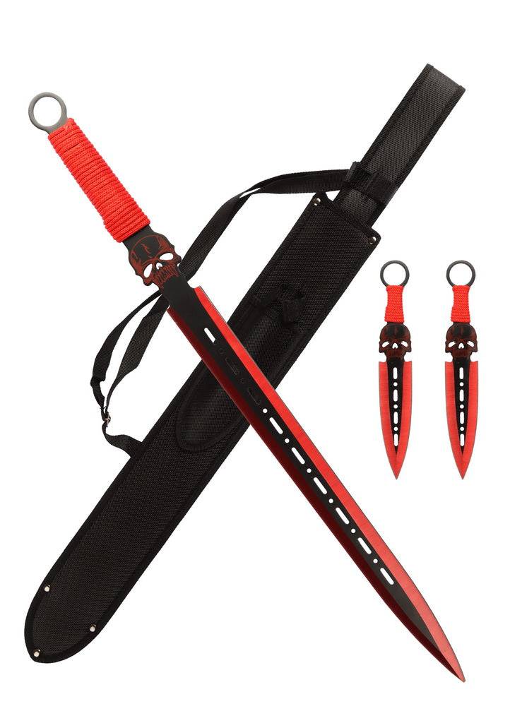 T 661085-RD 27″ Red Tactical Skull Machete Sword w/ Two 7.5″ Throwing Knives - Rex Distributor, Inc. Wholesale Licensed Products and T-shirts, Sporting goods,