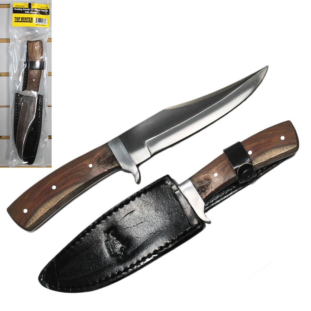 TH 120 11" Wood Handle Hunting Knife with Sheath Display Blister Hanging Packaging - Rex Distributor, Inc. Wholesale Licensed Products and T-shirts, Sporting goods,