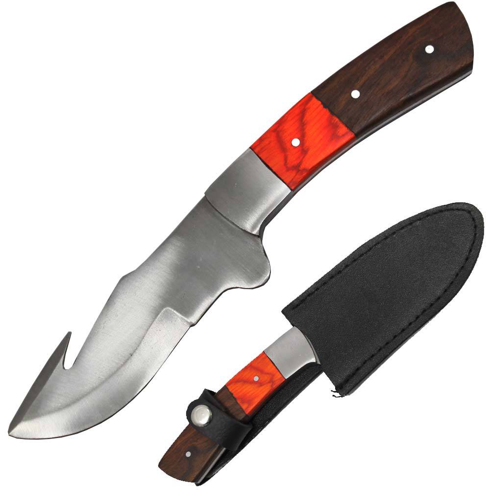 TH 123-WD 8" Multicolor Wood Handle Gut Hook Hunting Knife with Leather Sheath - Rex Distributor, Inc. Wholesale Licensed Products and T-shirts, Sporting goods,