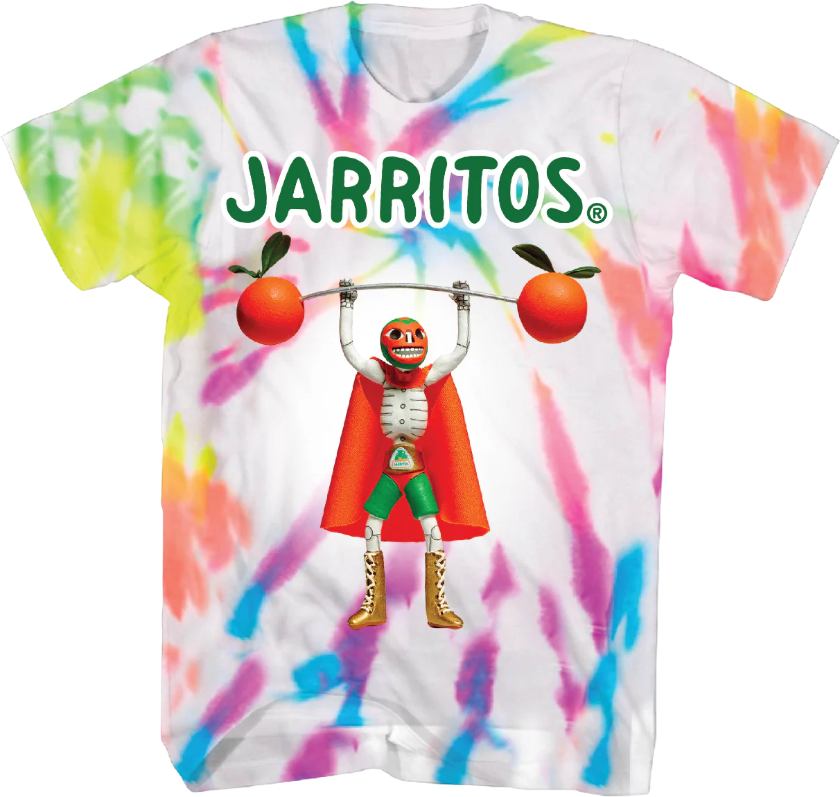 Men's tie-dye Luchador Jarritos T-shirt by C-Life Group, featuring colorful lucha libre wrestler design on a vibrant shirt.