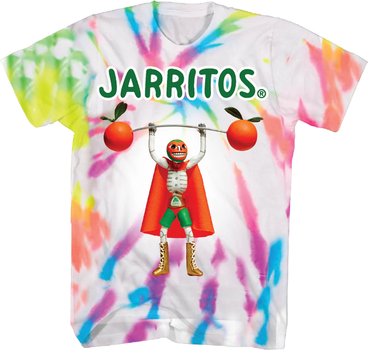 Men's tie-dye Luchador Jarritos T-shirt by C-Life Group, featuring colorful lucha libre wrestler design on a vibrant shirt.