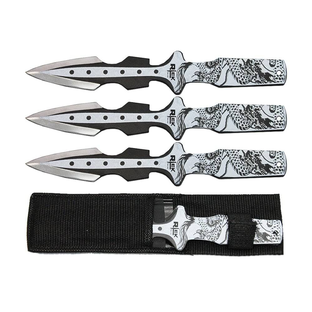 Rex Distributor Inc. TK 016-365BK 6.5-inch black dragon print throwing knives set with nylon sheath displayed in the image.
